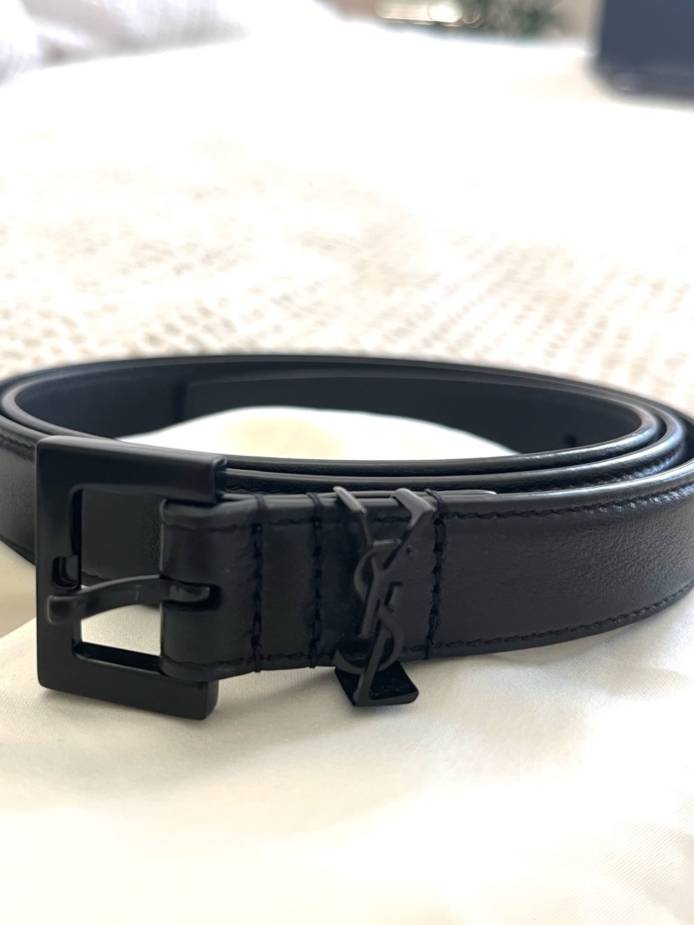 Saint Laurent Black Leather Belt with Matte Black Logo Charm size 80